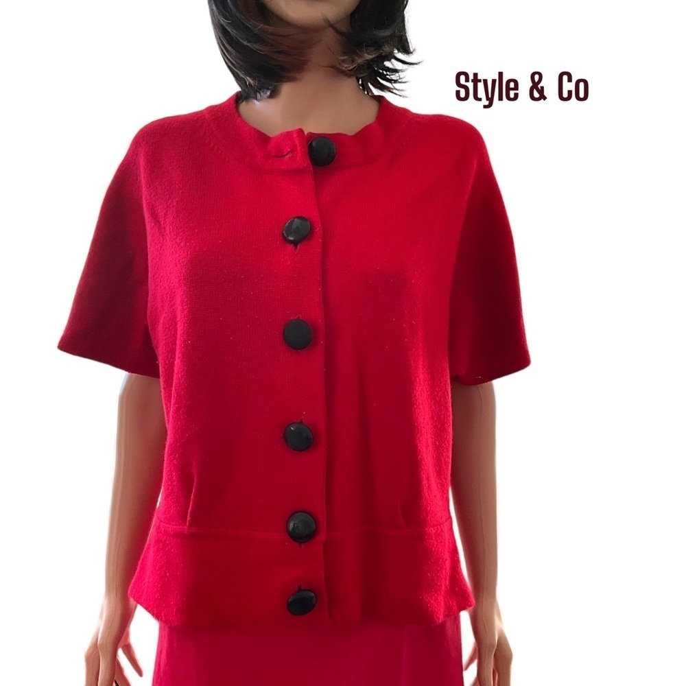 Style & Co. Women Red Wool‎ Sweater Size L Black Buttons